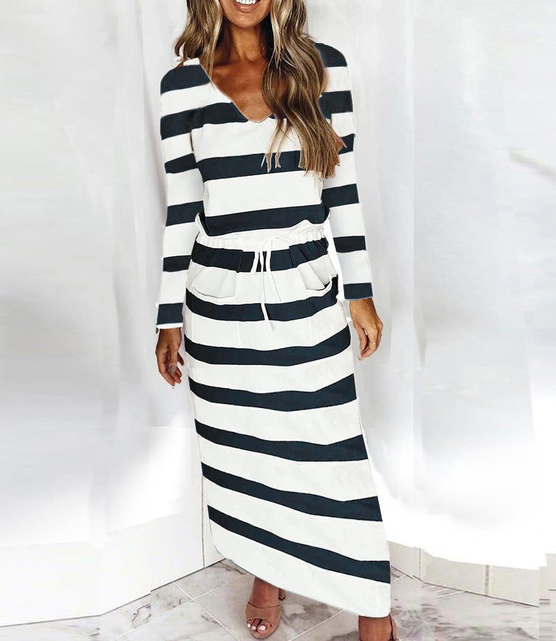 Women Striped V-Neck Long Sleeve Dress | Iridiana