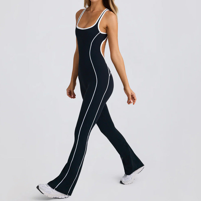 Black women's beauty-back jumpsuit with white piping