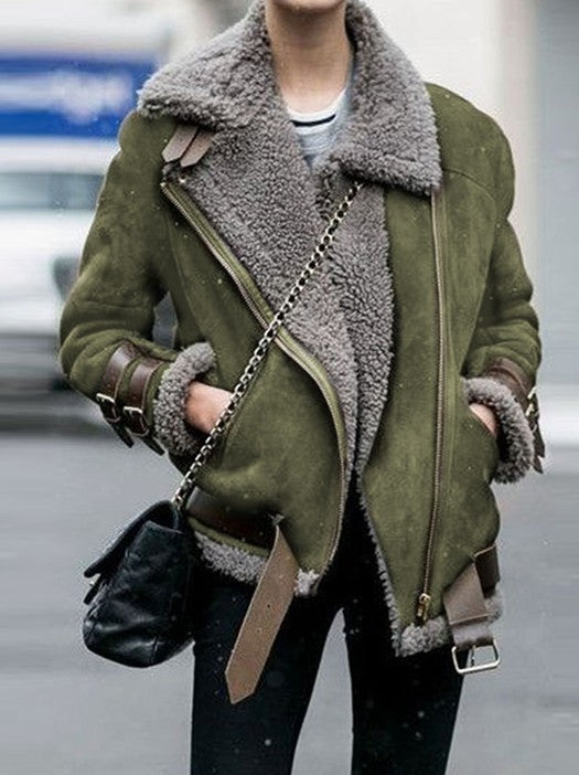 Green aviator jacket for women with grey fleece lining and buckled cuffs