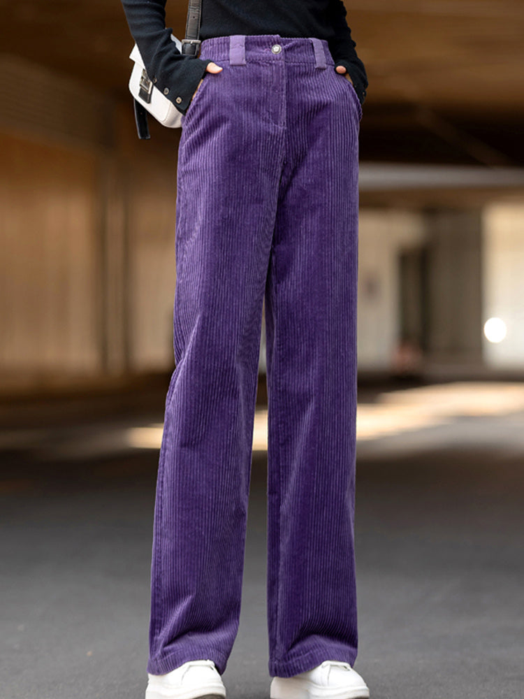 Purple high-waisted corduroy pants for women