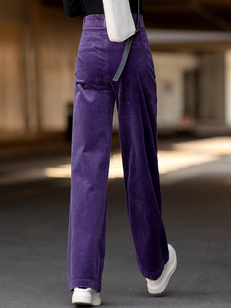 Side view of purple corduroy wide-leg trousers for women