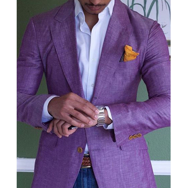 Purple men's tailored blazer with pocket square