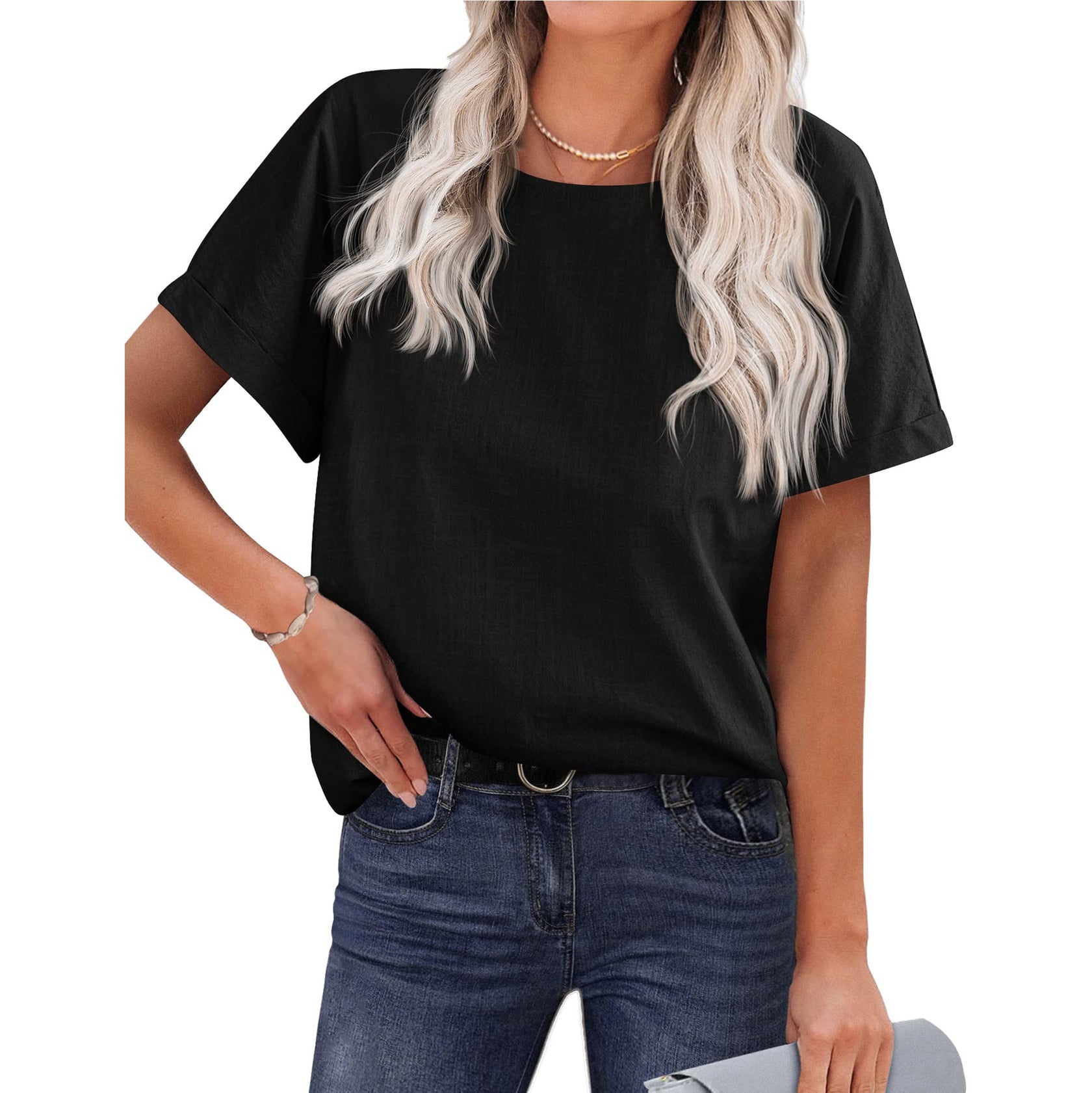 Short sleeve cotton linen top black