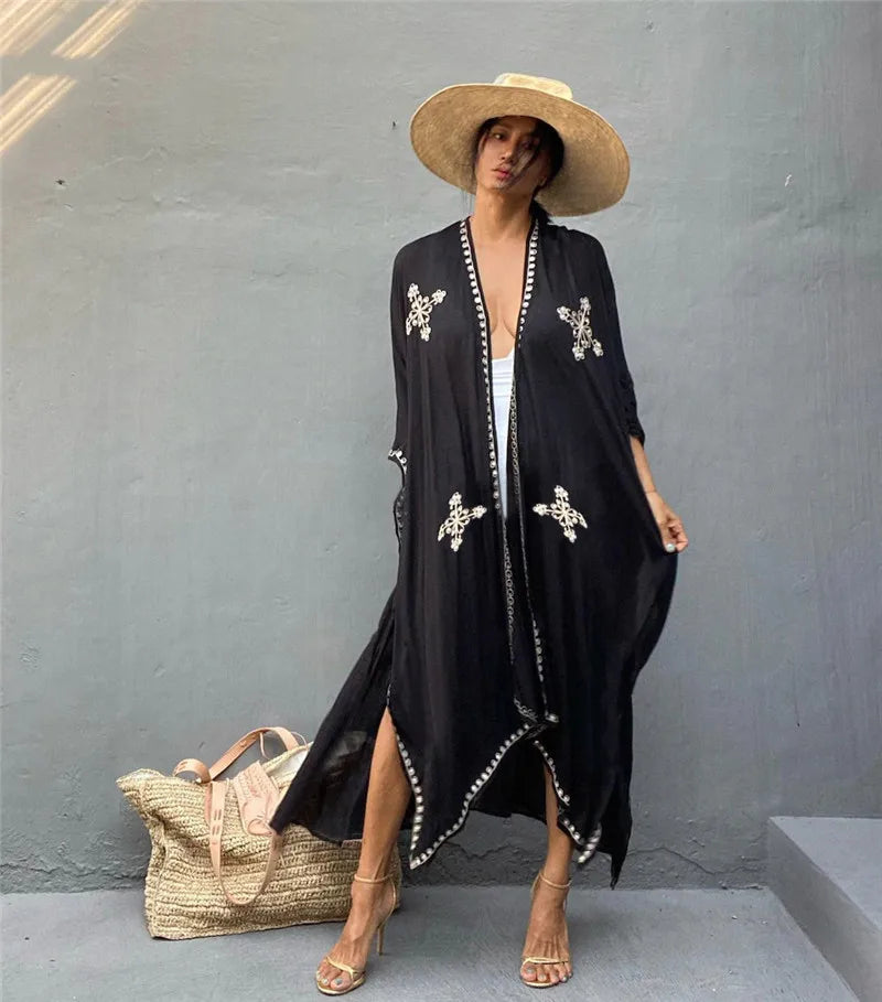 Black embroidered kimono cardigan beach cover-up