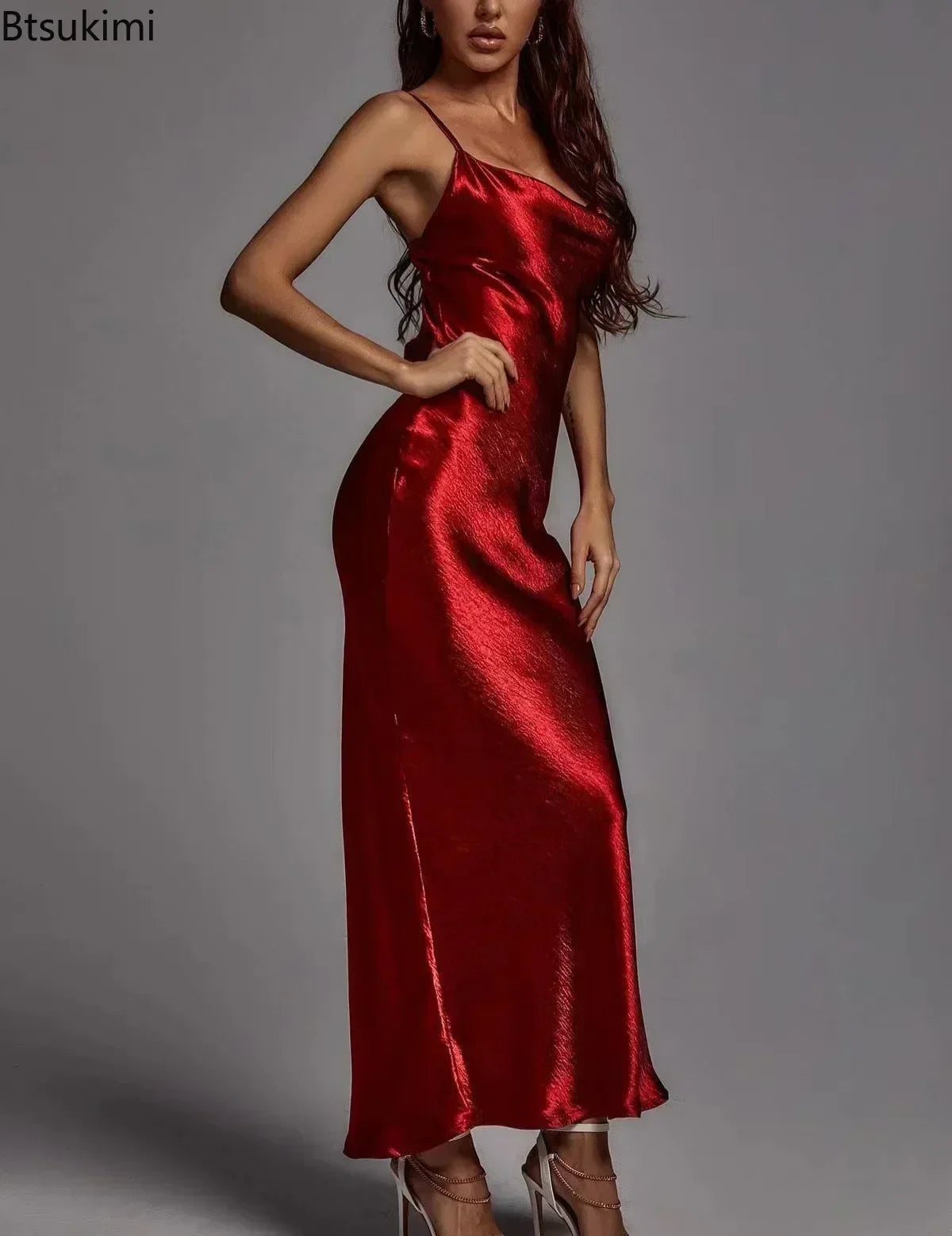 Back view red satin backless dress