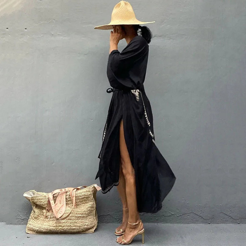 Back view of black embroidered beach kimono