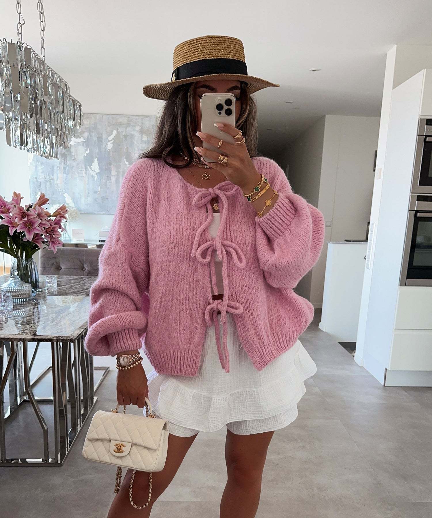 Back view of Women Lace-Up Bow Knit Cardigan | Jireh