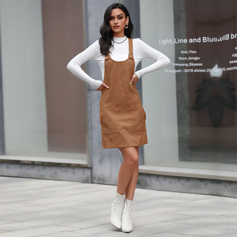 Back view of Women Corduroy Suspender Mini Dress | Genavieve
