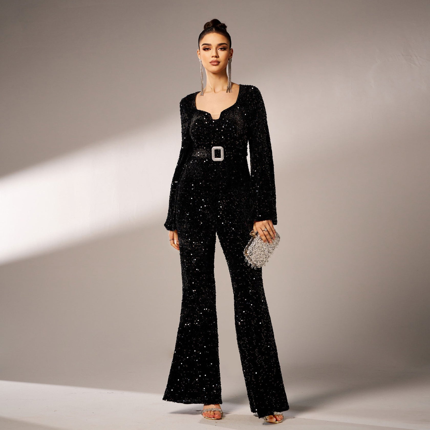 Back view of Women Sequin Wide-Leg Jumpsuit | Estara